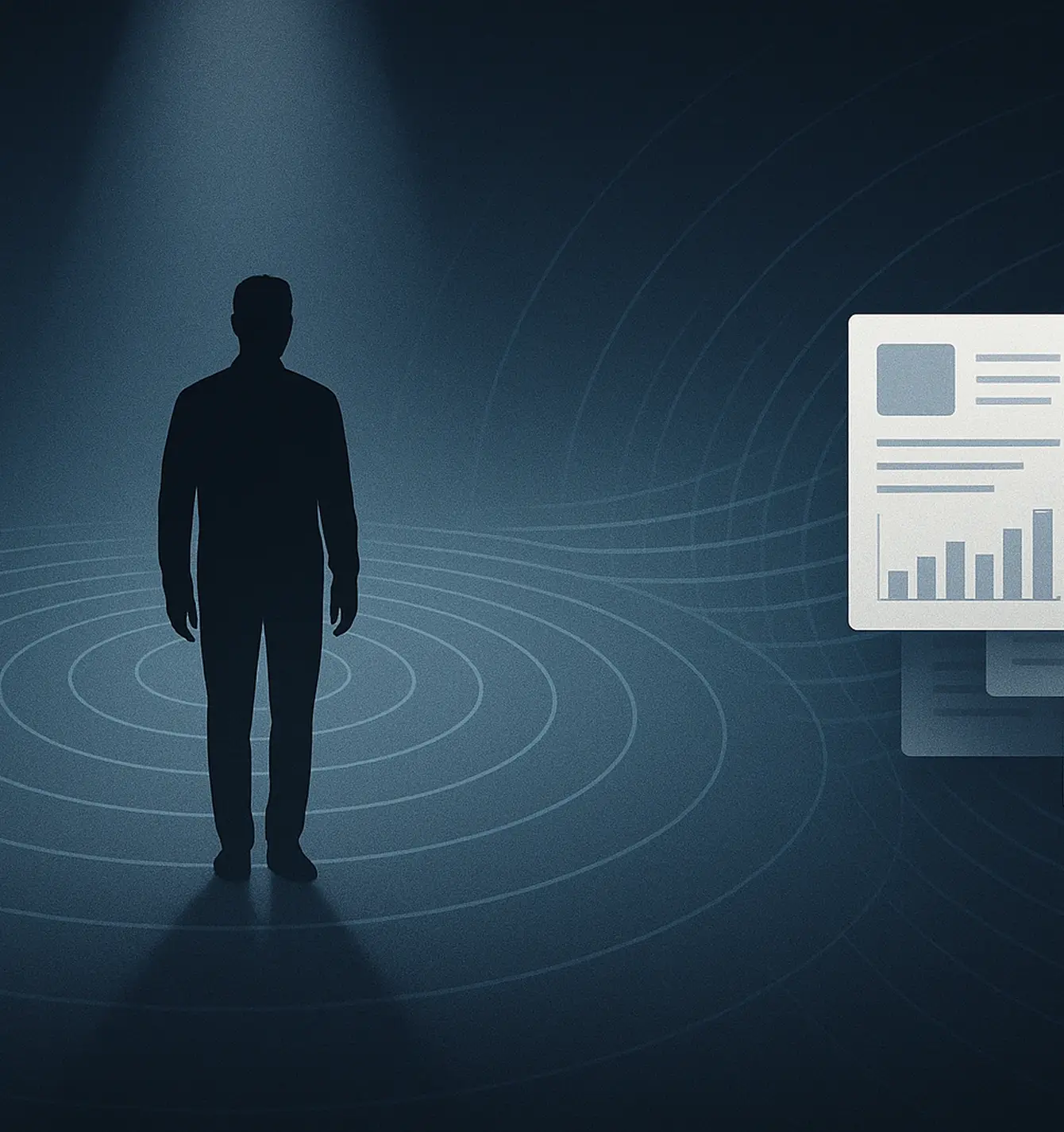 Silhouette of a man standing in a spotlight with concentric circles on the floor and a floating infographic with bar chart on the right.