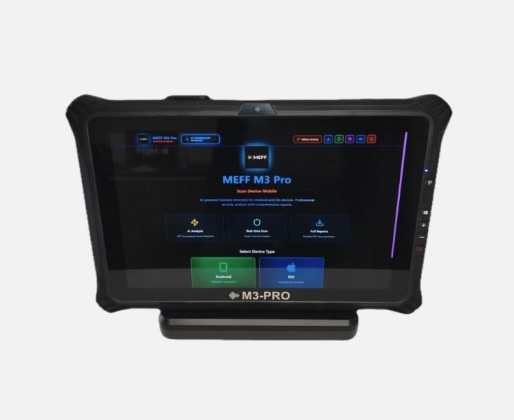 M3 Pro computer and cellphone sweeper device on stand displaying AI analysis, real-time scan, and full reports.