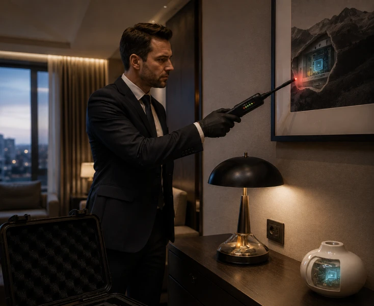 Man using an electronic device to scan a framed picture on a wall