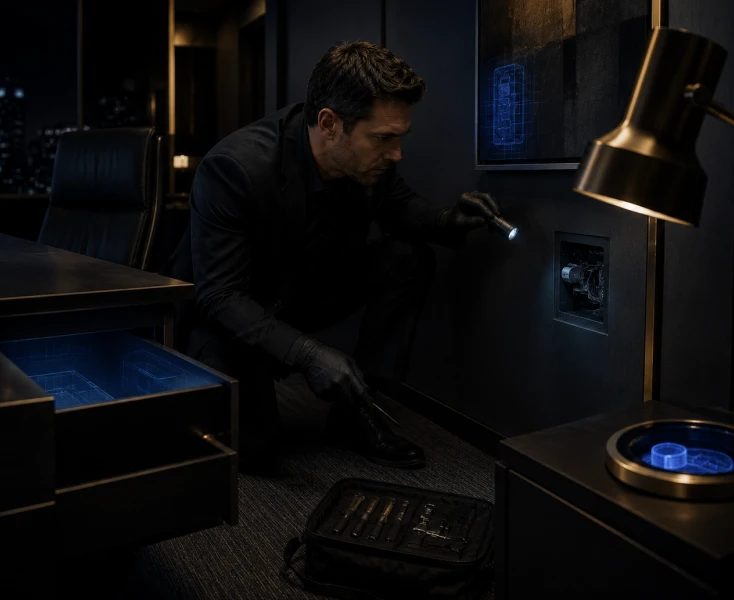 Man inspecting a wall fuse box with a flashlight in a dimly lit room.