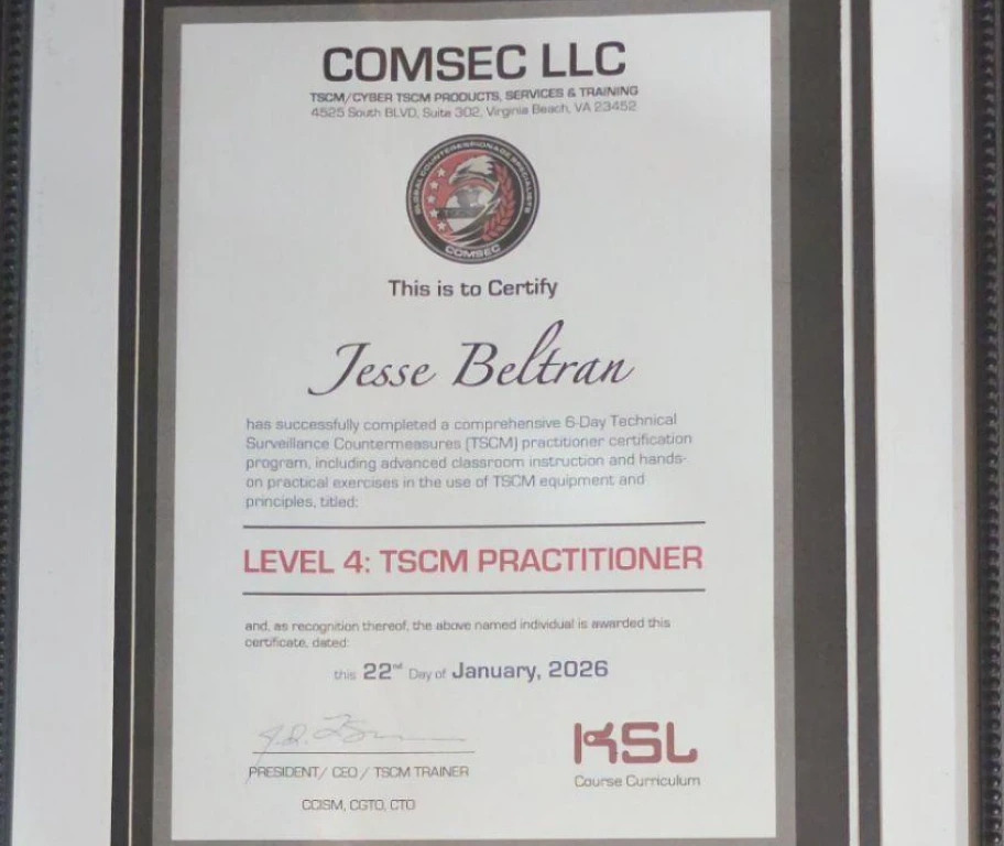 Certificate awarded to Jesse Beltran for Level 4 TSCM Practitioner dated January 22, 2026 from COMSEC LLC.
