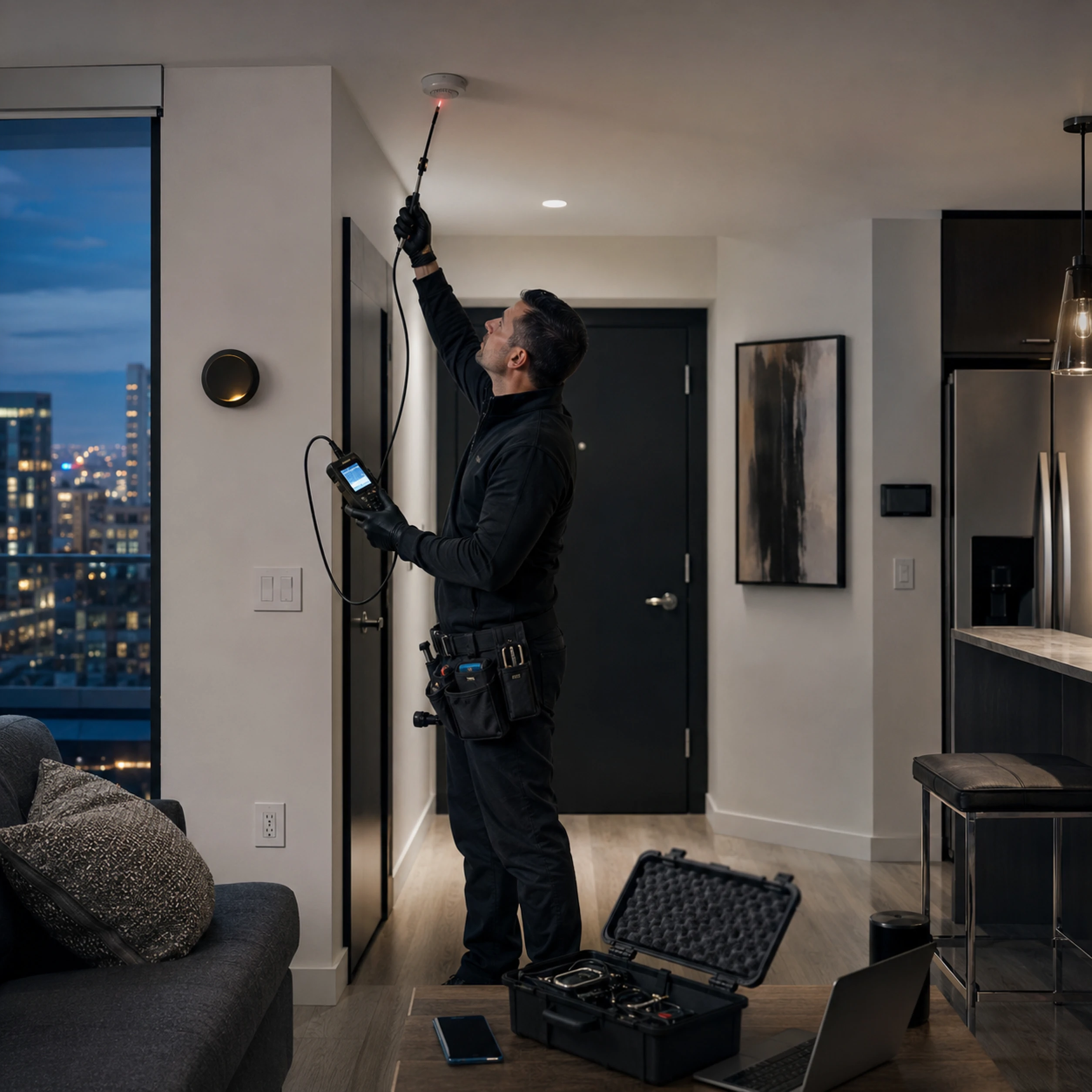 Technician using inspection device with probe near smoke detector in apartment.