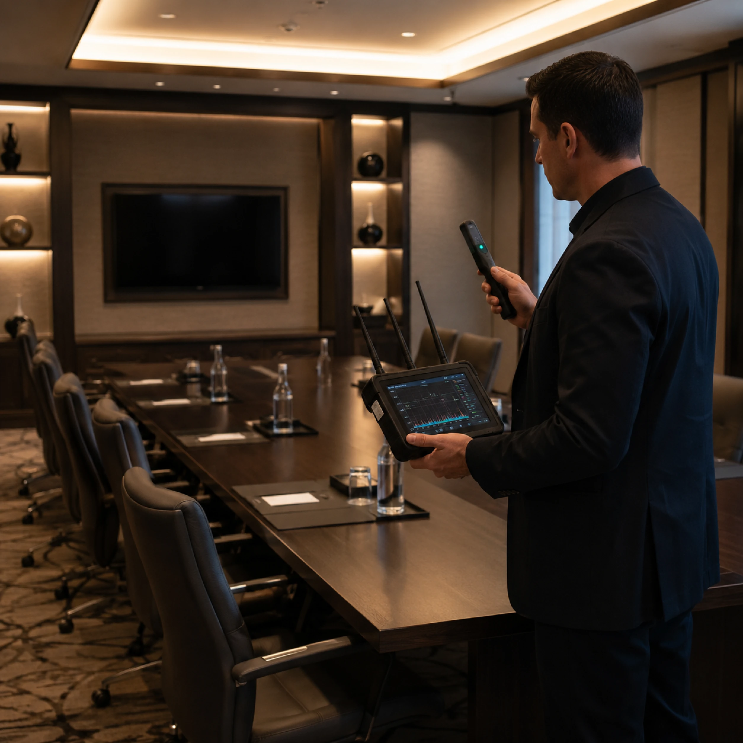 Man holding wireless device and tablet with graphs in a boardroom.