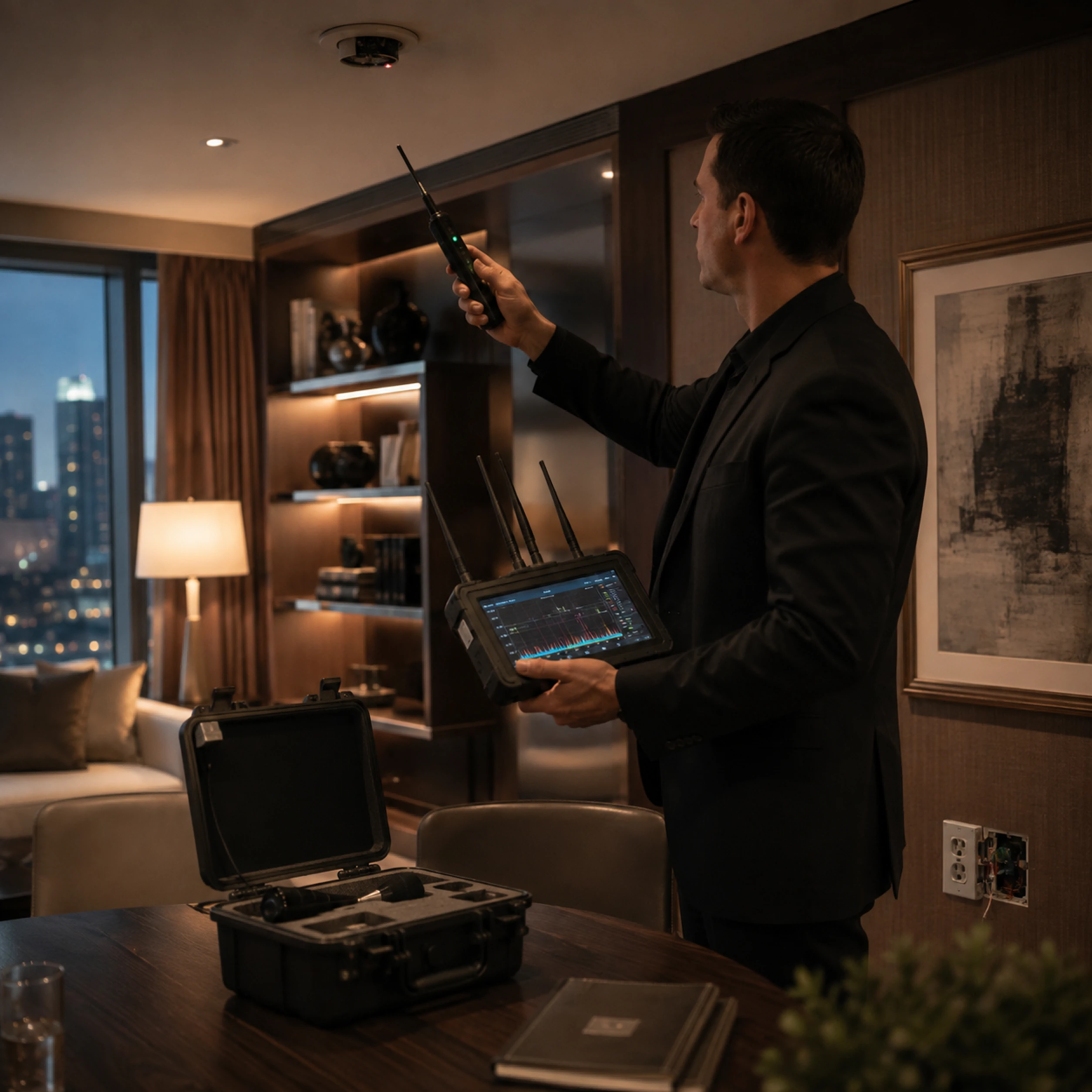 Man using electronic device with antennas to detect signals indoors at night.
