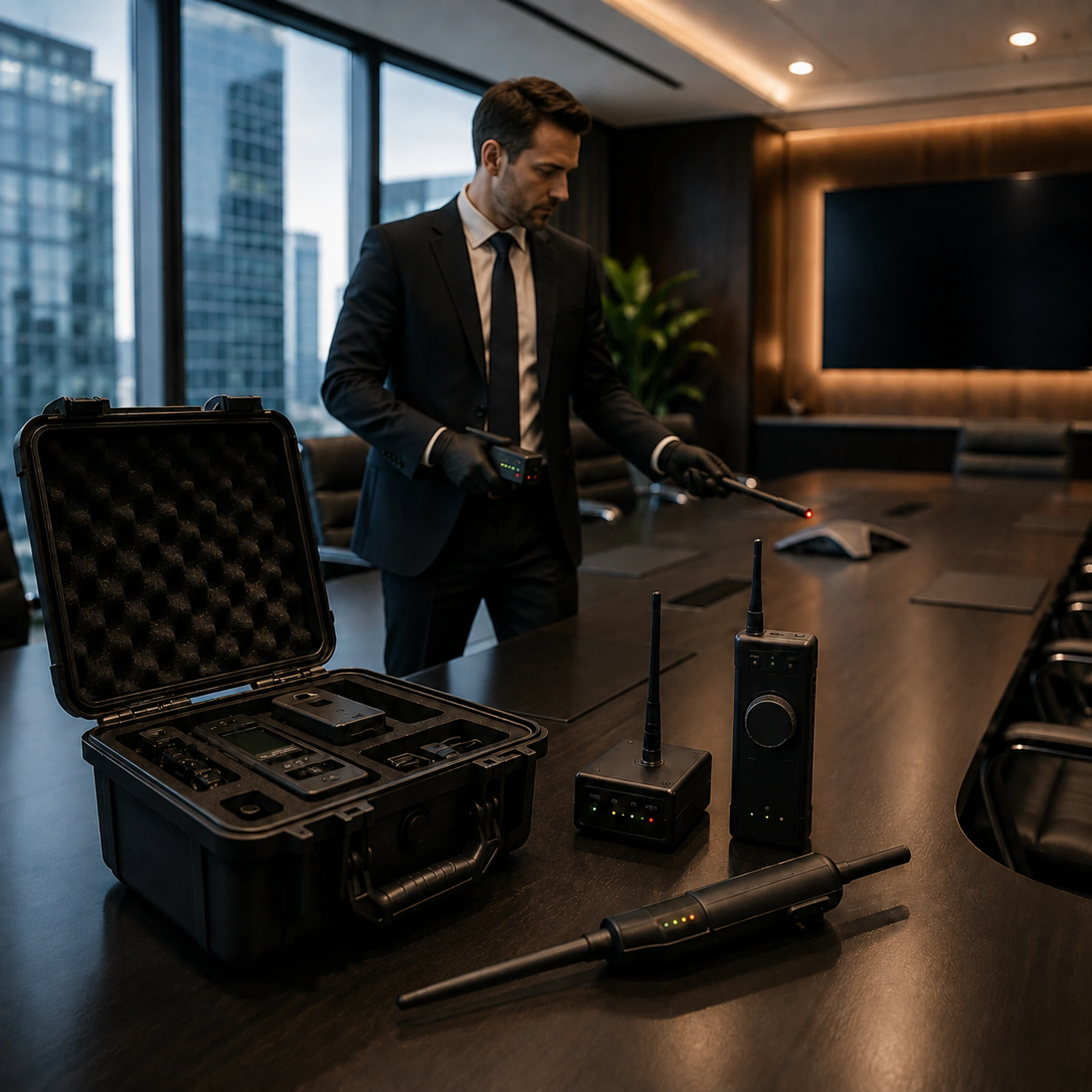 Man using bug detection devices on a conference room table with equipment case open.