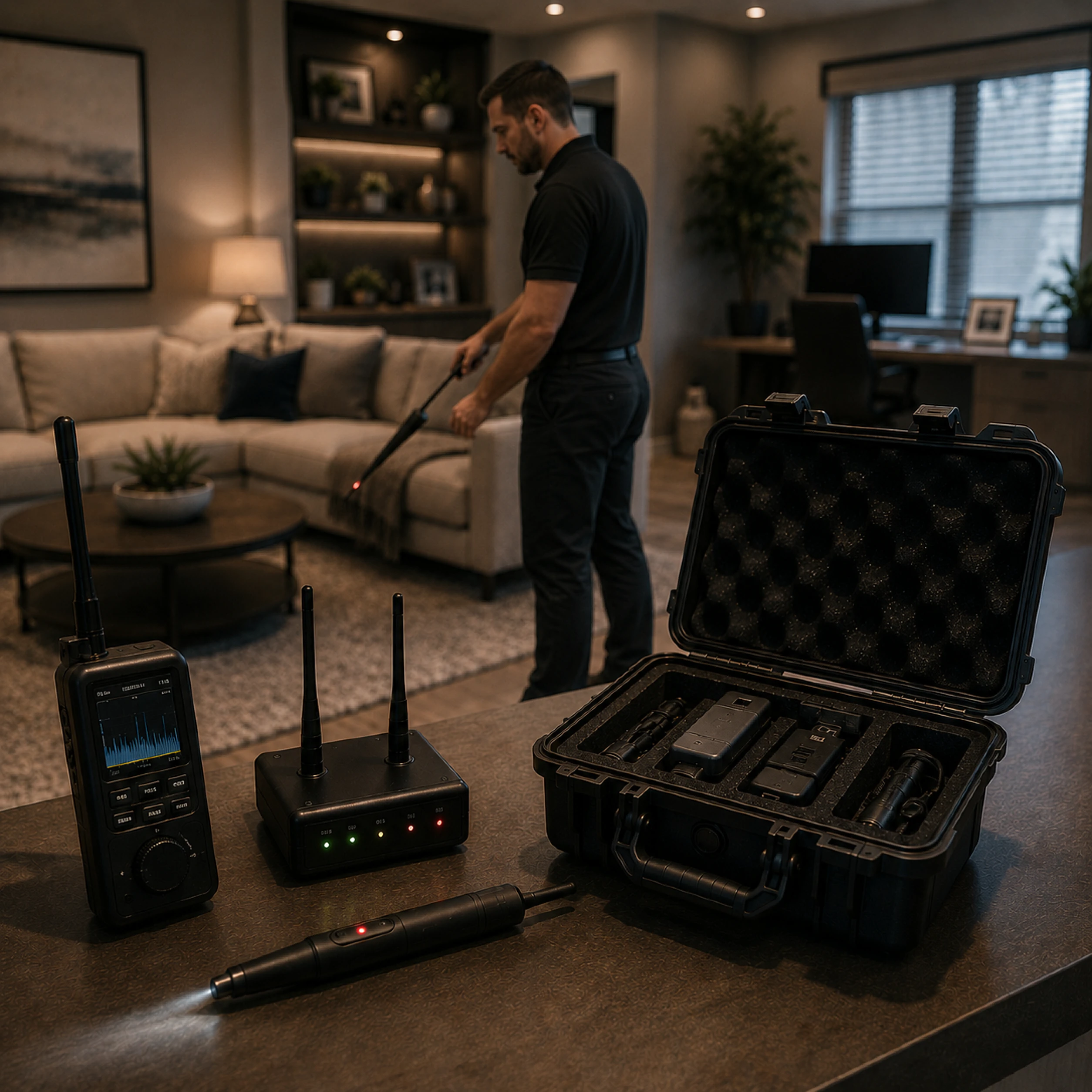 Man using bug detection device in living room with scanning equipment on table in foreground.
