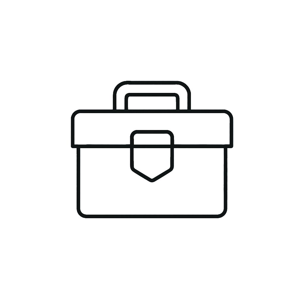 Black and white line icon of a closed toolbox with a latch and handle.