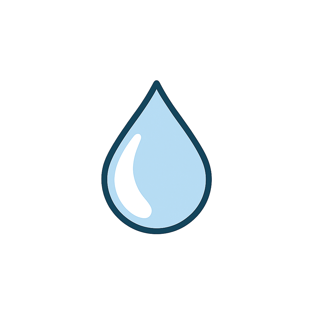 Illustration of a single blue water droplet with a white reflective shine.