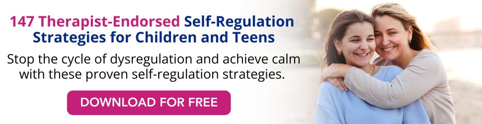Banner promoting Dr. Roseann’s free guide with 147 therapist-endorsed self-regulation strategies for children and teens. Includes a smiling mother and daughter hugging, encouraging calm, emotional balance, and healthy coping skills.