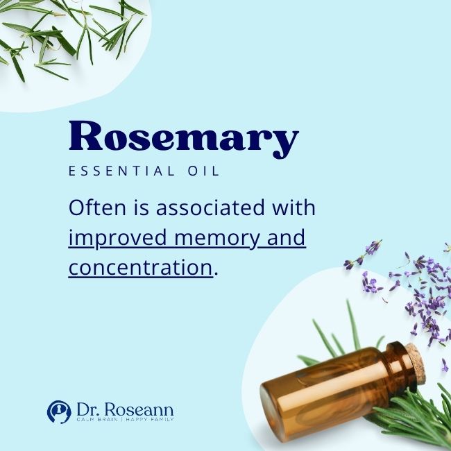 infographic featuring rosemary as a top essential oil for the nervous system as it improves memory and concentration.