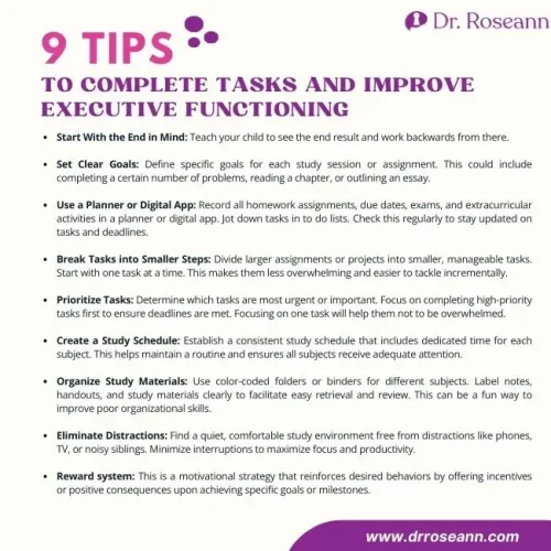 Infographic with 9 tips to improve executive functioning in kids, including setting clear goals, using planners, breaking tasks into steps, prioritizing, creating study schedules, organizing materials, eliminating distractions, and using reward systems.