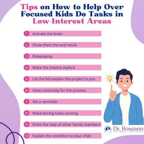 Infographic with 10 tips to help kids with over focused ADHD complete low-interest tasks, including strategies like roleplaying, showing end results, setting reminders, and activating the brain.
