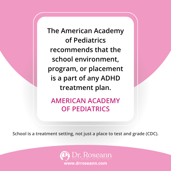 Quote box stating the American Academy of Pediatrics (AAP) recommends the school environment and program be part of any ADHD treatment plan, emphasizing the importance of managing ADHD at school.