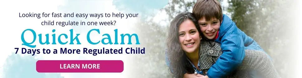 Dr. Roseann Capanna-Hodge’s QuickCalm program promo showing a child practicing calming techniques with their mother, both smiling and engaged in a peaceful moment, illustrating the program's focus on family-centered stress relief and emotional well-being.
