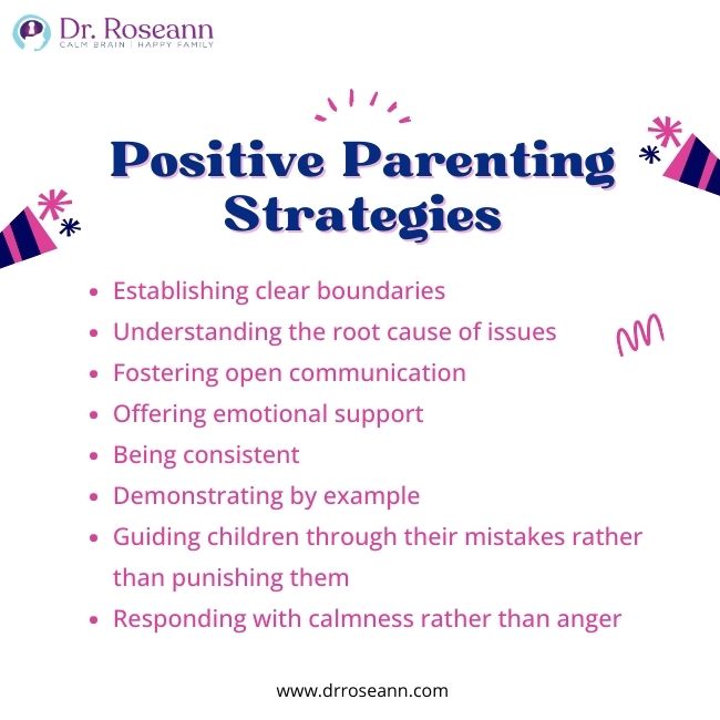 Infographic showing 8 positive parenting strategies including establishing boundaries, communication, and emotional support, with decorative purple and pink design elements.
