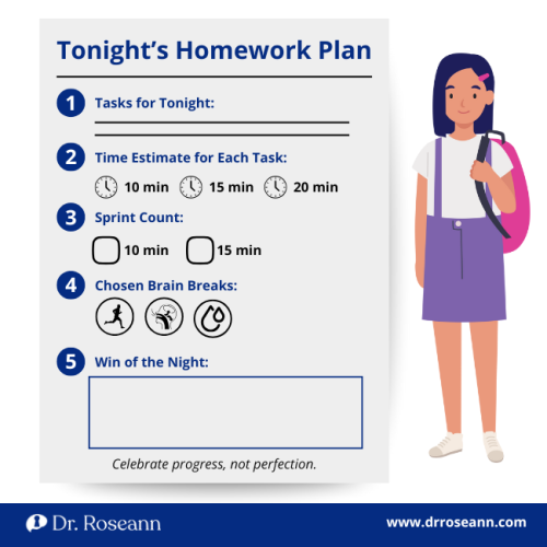 A customizable homework planning template with 5 steps (Tasks, Time Estimate, Sprint Count, Brain Breaks, Win of the Night) offering a structure for parents to implement Top Parenting Tips for Navigating Homework Challenges.