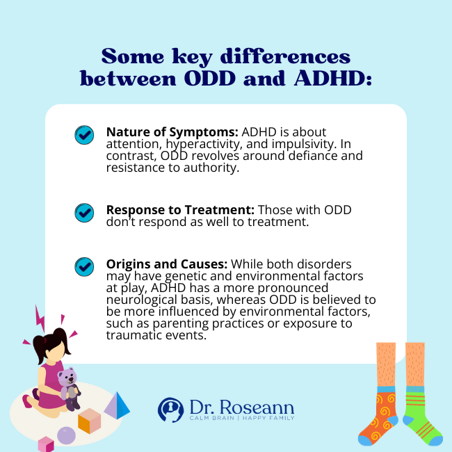 Infographic explaining key differences between ODD and ADHD, comparing symptoms, treatment response, and origins or causes, with illustrations of children and toys.