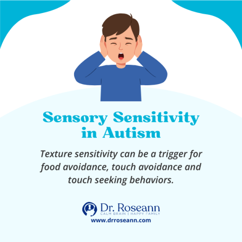 infographic saying that texture sensitivity amongst autistic and emotionally dysregulated kids can be a trigger for food avoidance, touch avoidance, and touch seeking behaviors.