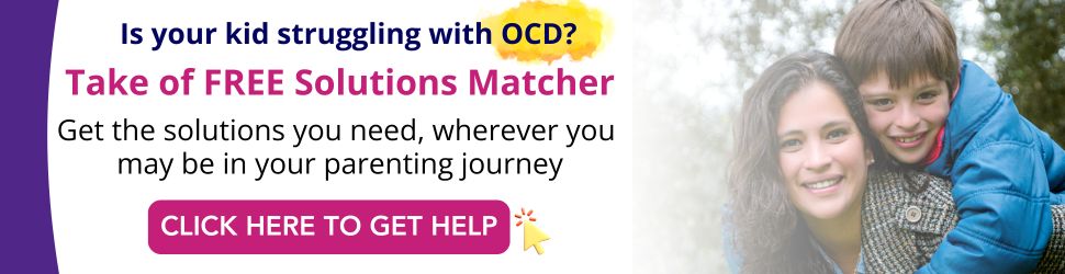 Promotional graphic for the 'Solutions Matcher' tool focused on OCD, featuring a calming design with keywords like 'personalized support' and 'OCD resources,' and an illustration of a person finding relief through targeted solutions.