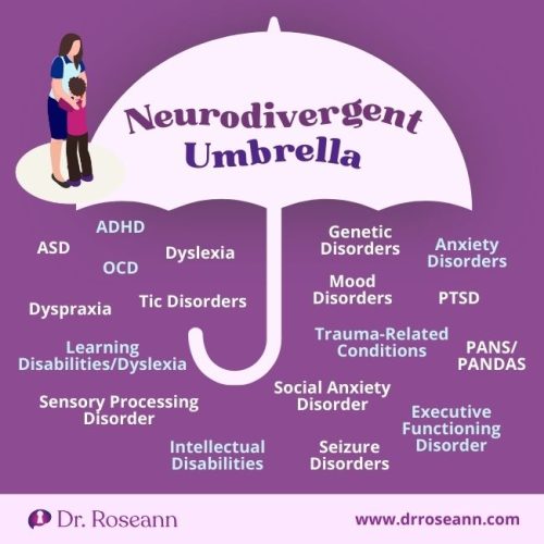 Infographic of the neurodivergent umbrella, including ADHD, autism (ASD), OCD, dyslexia, dyspraxia, tic disorders, sensory processing disorder, executive functioning disorder, intellectual disabilities, mood disorders, PTSD, anxiety disorders, and trauma-related conditions.