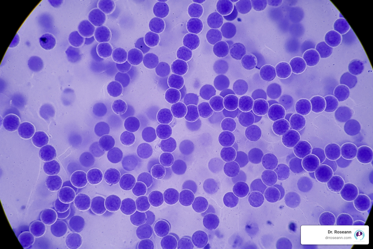 Microscope view of Streptococcus bacteria, showing their characteristic chain-like structure. - pandas diagnosis
