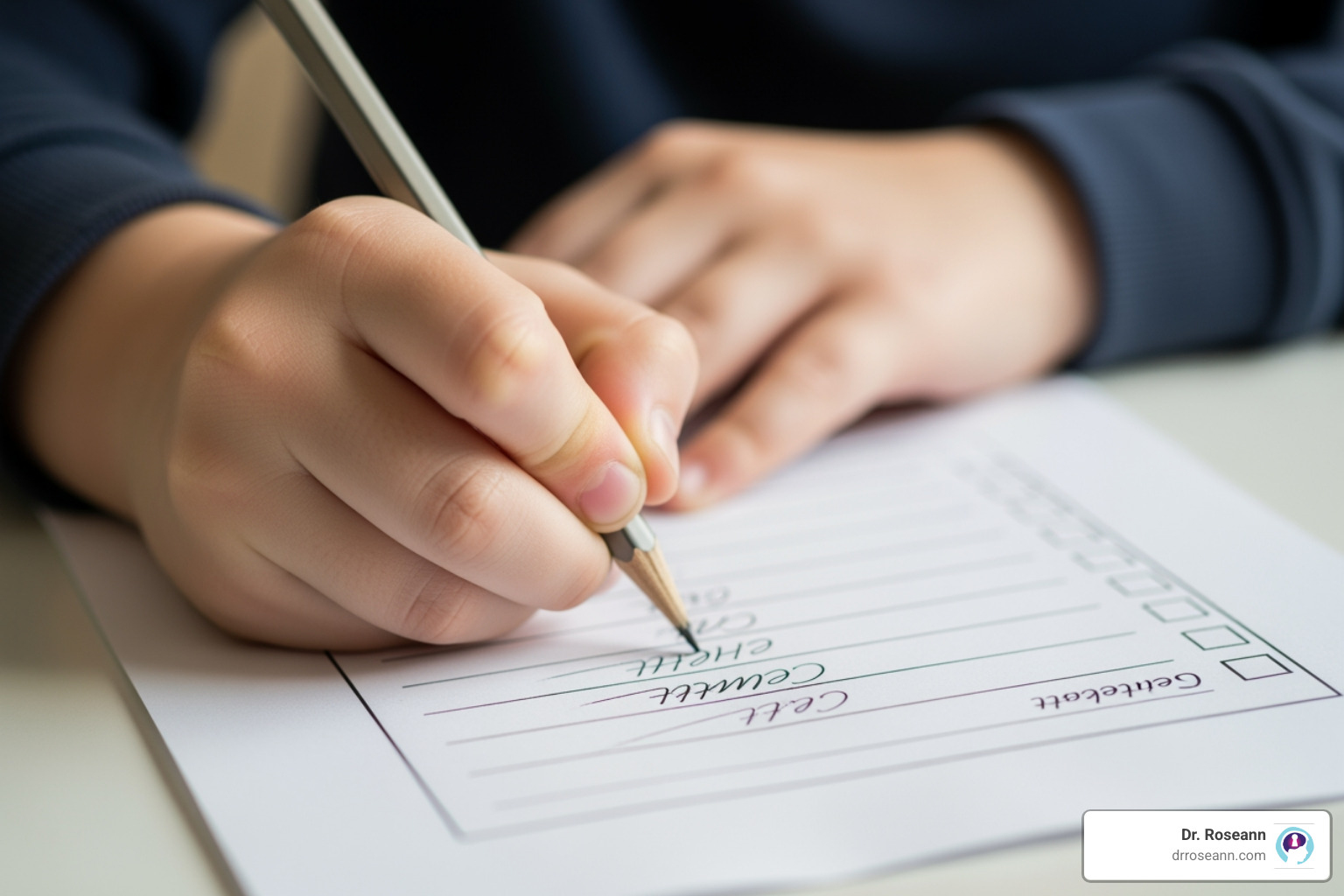 Child's hand struggling to write on a checklist with various symptoms of PANDAS listed. - pandas diagnosis
