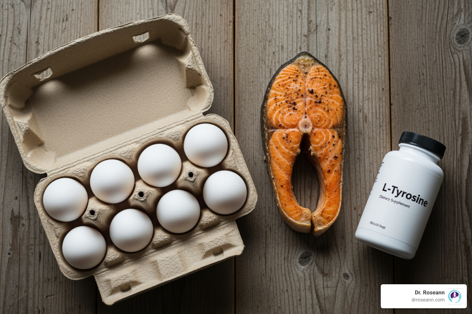 natural food source of tyrosine (e.g., eggs, fish) and a supplement bottle - l tyrosine adderall substitute