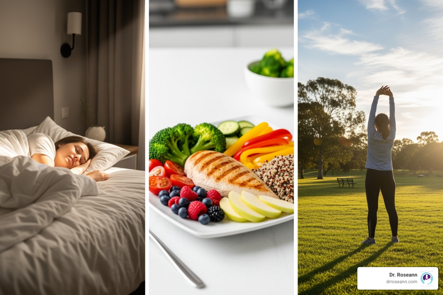 of a person sleeping peacefully, a balanced meal, and someone exercising - how to help emotional dysregulation