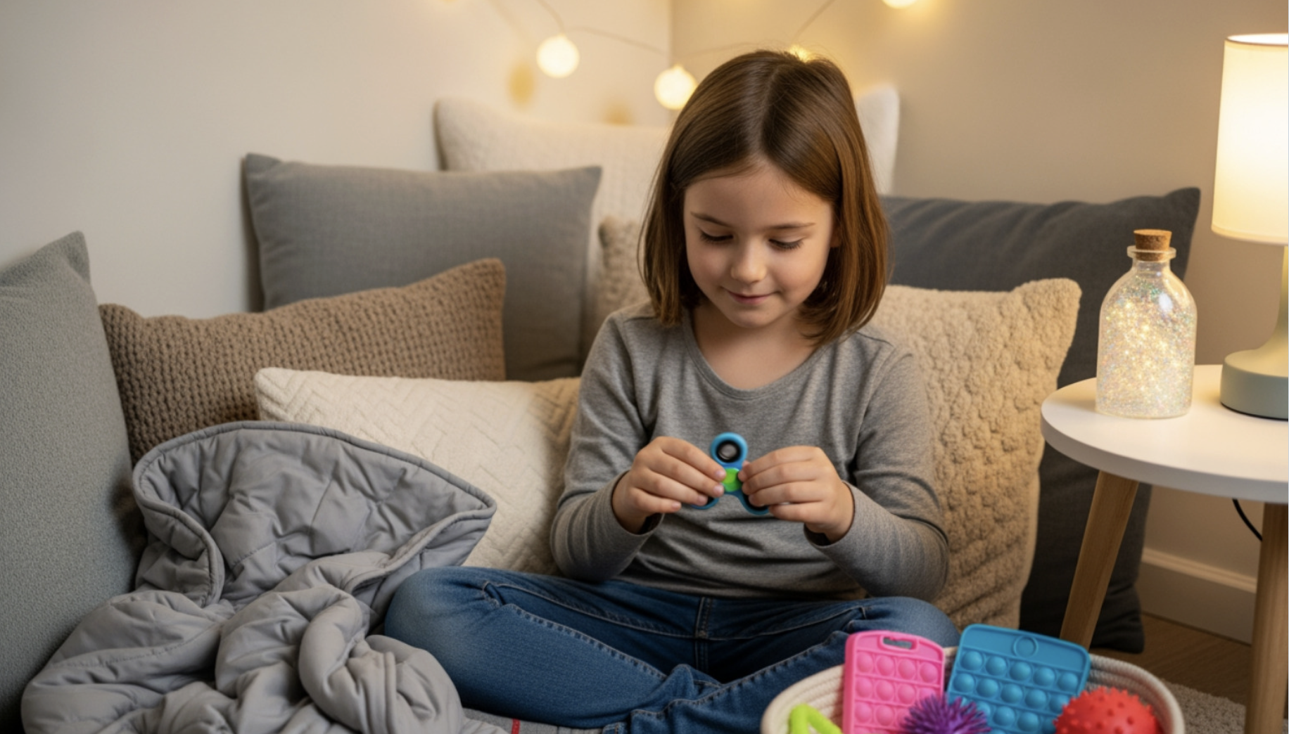 cozy calm down corner with soft pillows and sensory toys - how to calm emotional dysregulation