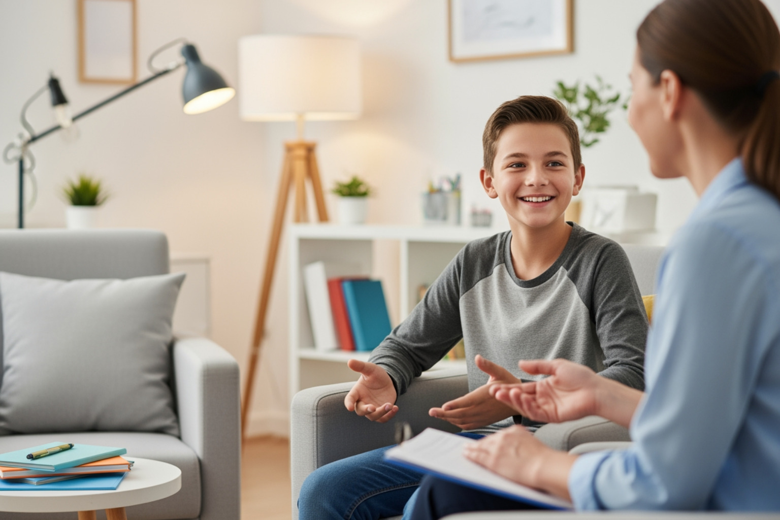 12 year old boy happily engaging in a therapy session - effective child therapy