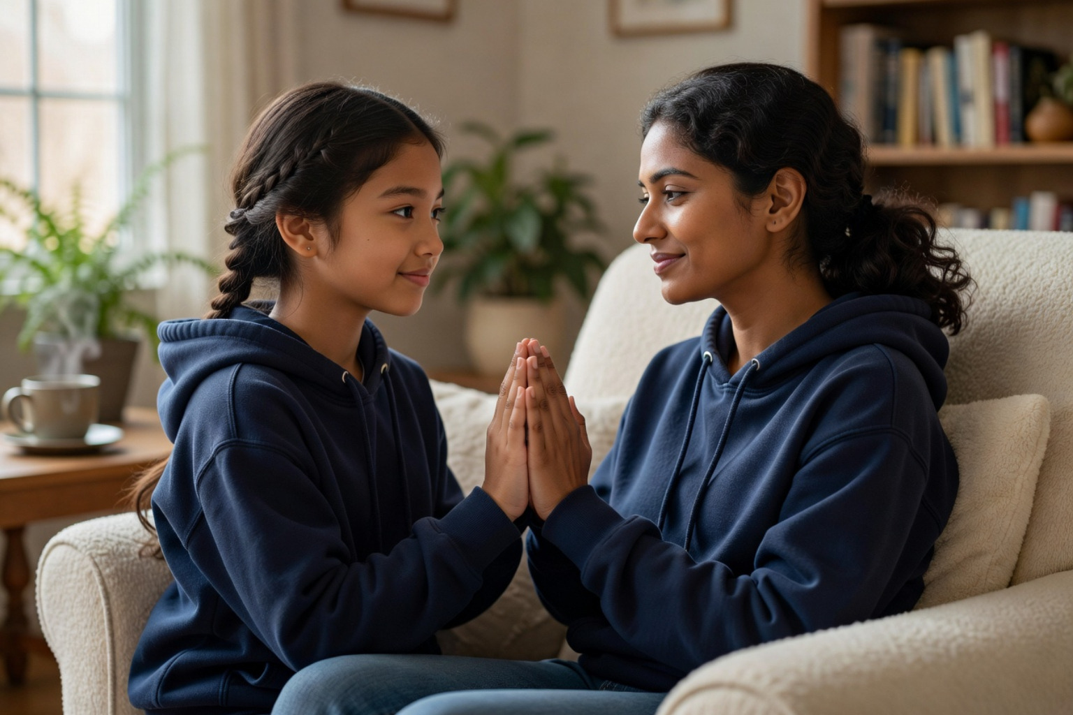 A parent and child sitting together, practicing deep breathing exercises with their eyes closed, in a calm and supportive environment. - emotional dysregulation in children