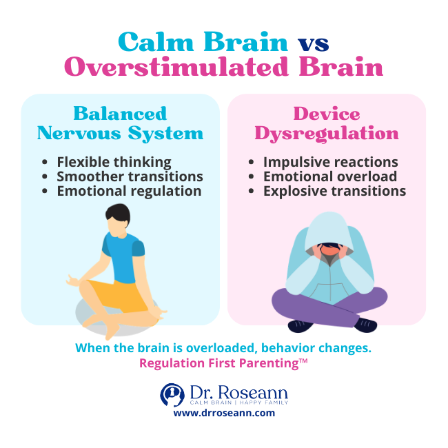 Comparison of a balanced nervous system versus device dysregulation and emotional overload.