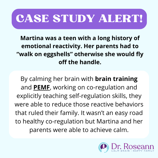 Case study infographic showing how brain training, PEMF, and co-regulation helped reduce dysregulated behavior in kids and improve emotional control.