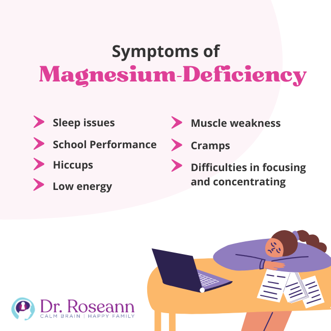 list of symptoms of magnesium deficiency including sleep issues, hiccups, low energy, poor school performance, cramps and more