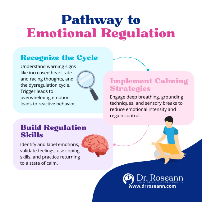 Infographic showing the 3-step Pathway to Emotional Regulation: Recognize the Cycle (triggers/warning signs), Implement Calming Strategies (deep breathing/grounding), and Build Regulation Skills (coping skills), demonstrating how to manage emotional dysregulation.