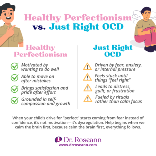 Infographic comparing Healthy Perfectionism (motivated by growth, able to move on) with Just Right OCD (driven by fear, stuck until things "feel right," fueled by rituals).