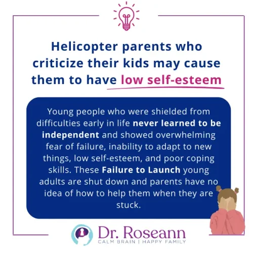 Infographic explaining how helicopter parents who criticize or overprotect their children can cause low self-esteem and failure to launch issues in young adults. Created by Dr. Roseann.