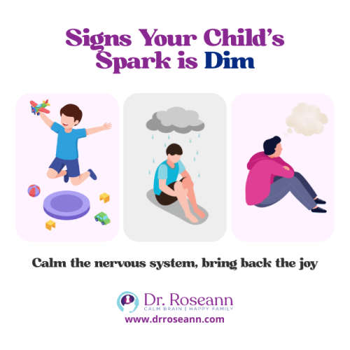 Illustration showing a child who has lost their joy, sitting sadly under a cloud, and daydreaming, illustrating signs a child's spark is dim.