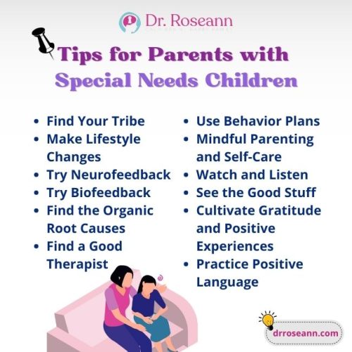 Infographic offering tips for parents with special needs children, including using behavior plans, practicing mindful parenting, trying neurofeedback and biofeedback, making lifestyle changes, and fostering gratitude and positive communication.