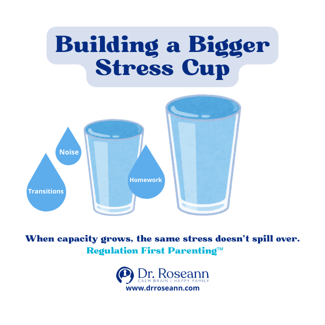 Graphic comparing a small and large stress cup to show increased capacity for transitions and homework.