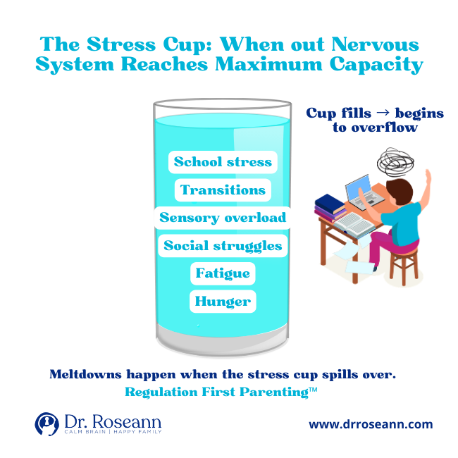 Infographic of a stress cup overflowing with school stress and sensory overload.