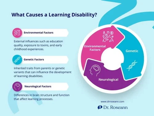 Infographic explaining causes of learning disabilities: environmental factors such as education quality and toxins, genetic factors inherited from parents, and neurological factors related to brain structure and function.