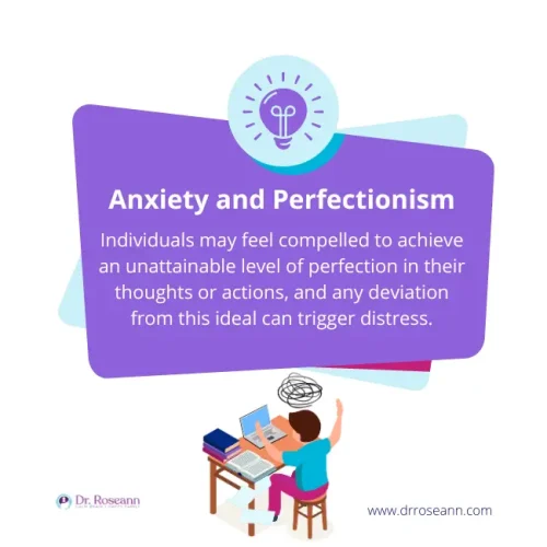 Infographic explaining the connection between anxiety and perfectionism, showing that individuals may strive for unattainable perfection in thoughts or actions, leading to distress when expectations aren’t met, with an illustration of a stressed student at a desk