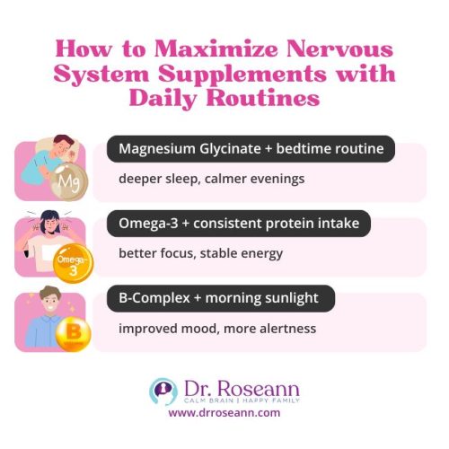 An infographic detailing how to maximize the benefits of nervous system supplements by combining them with daily routines, such as Magnesium Glycinate with a bedtime routine for deeper sleep.
