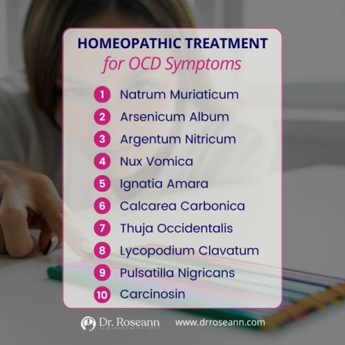 Visual listing 10 homeopathic treatments for OCD symptoms including natrum muriaticum, arsenicum album, argentum nitricum, nux vomica, ignatia amara, calcarea carbonica, thuja occidentalis, lycopodium clavatum, pulsatilla nigricans, and carcinosin.