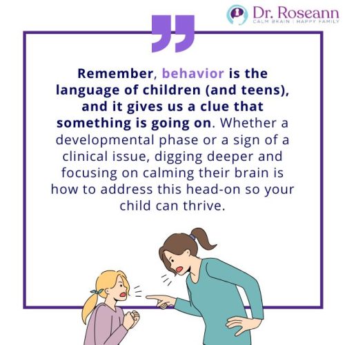 Illustration of a mother yelling at an overly emotional child with a quote about behavior being a sign of underlying issues.