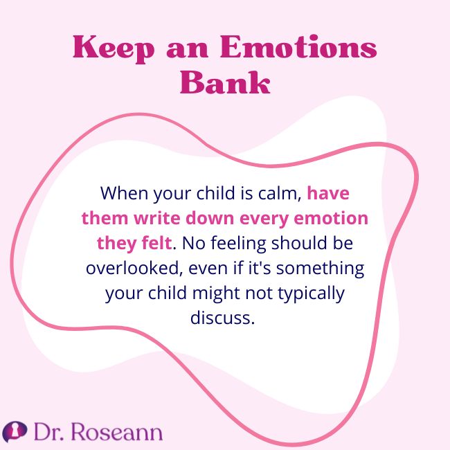 Image encouraging emotional regulation activities by keeping an emotions bank where kids write down their feelings.