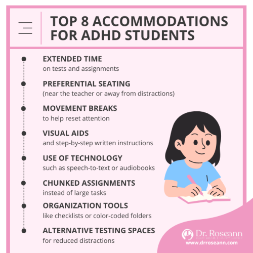 Infographic listing the top 8 school accommodations, such as extended time, movement breaks, preferential seating, and chunked assignments, all common 504 accommodations for ADHD students.