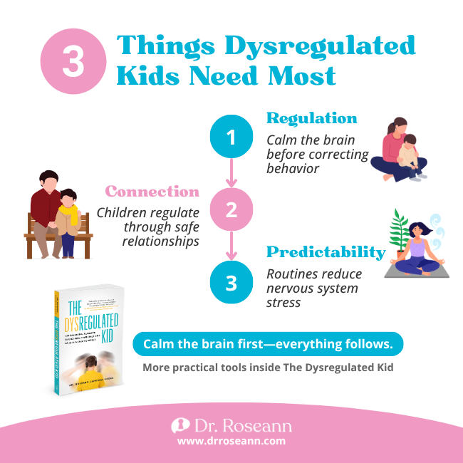 Infographic listing connection, regulation, and predictability as the top needs of a dysregulated child.