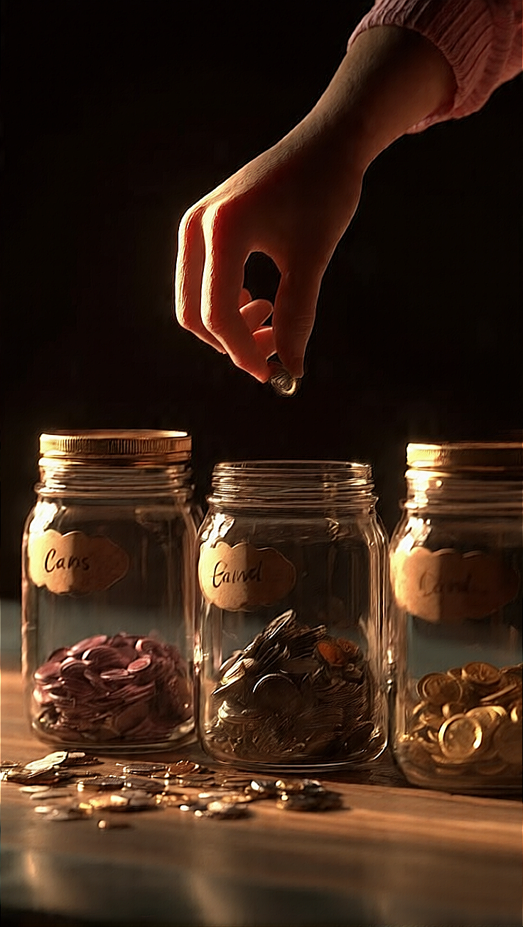 A child's hand dropping a coin into jars of coins